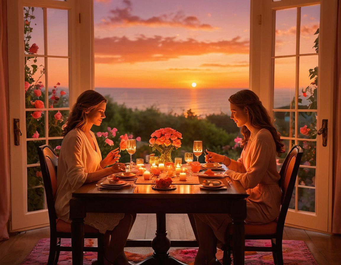 A beautifully set dinner table for two, surrounded by soft candlelight and blooming roses, symbolizing romance and connection. A couple enjoying a heartfelt conversation, with a glowing sunset in the background casting warm orange and pink hues. Include subtle hints of strategy, like a chessboard with pieces subtly blending into the floral arrangement. super-realistic. vibrant colors. soft lighting.