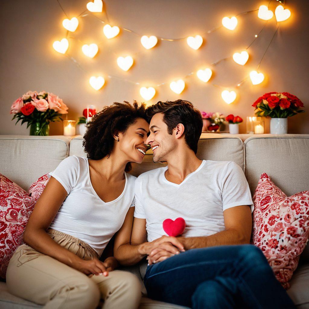 A couple sitting closely on a cozy couch, surrounded by soft lighting and romantic decor, sharing secrets with smiles and laughter. In the background, symbols of attraction like hearts and flowers are subtly integrated, symbolizing joy and connection. The atmosphere feels warm and inviting, with a hint of playful seduction. vibrant colors. soft focus.